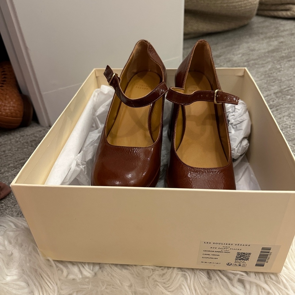 Sezane Brown Leather Mary Jane Platform Pumps - Picture 3 of 5